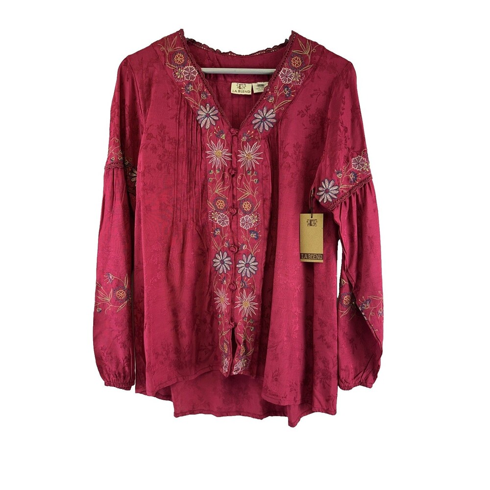 La Blend Rayon Blouse Button Down V-Neck Embroidered Floral Burgundy Women Small